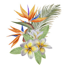 Watercolor illustration of tropical flowers yellow-white plumeria and bright orange strelitzia with green palm leaves. Perfect for cosmetics, packaging, textiles, wall decor, and summer goods.