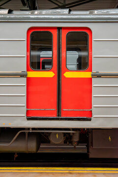 A three-car metro train operated by the Prague City Transport Company in the metro network, which is the backbone of public urban transport in the capital of the Czech Republic.
