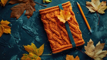 A hand-knitted orange notebook cover rests on a dark teal surface, surrounded by autumn leaves and a pencil