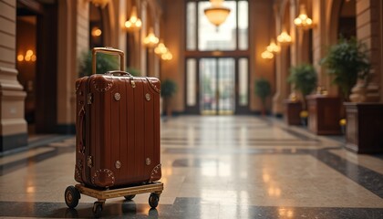 Elegant brown suitcase on golden luggage cart in grand hotel lobby. Travel bag exudes luxury, readiness. Interior features marble floors, stylish design, upscale building architecture. Hospitality