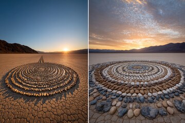 A diptych showcasing two spiral stone arrangements in a desert landscape, one under bright sun, the other during sunset.  The stones create intricate concentric circles against the cracked earth