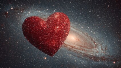 A large, red, glittering heart-shaped object is superimposed onto a spiral galaxy, set against a dark space background.  The heart's texture is highly detailed and sparkly