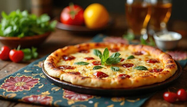 Delicious pizza lies on decorated table. Served with green plants salad, tomatoes, orange and beer. Italian cuisine concept. Good choice for lunch, dinner, food delivery and sharing with friends.