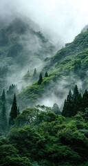 Misty mountain landscape showing lush green forests draped in fog, creating a serene and mysterious atmosphere.  The fog clings to the slopes, partially obscuring the evergreen trees