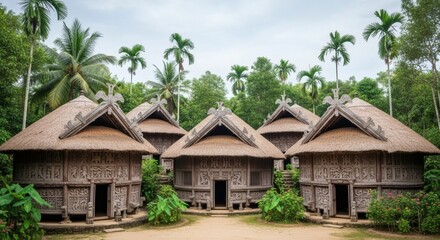 Traditional Tribal Wooden Houses with Intricate Carvings Surrounded by Tropical Jungle
