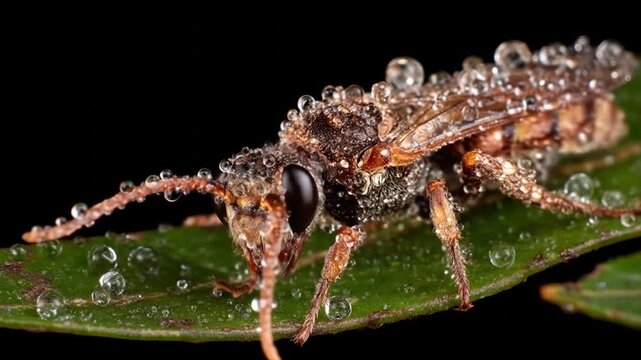 Close-up of a tiny insect covered in dew drops on a leaf.
