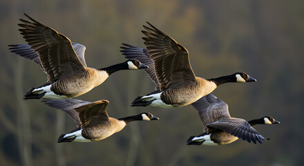 "Autumnal Migration in Flight: Canadian Geese Soaring Through the Golden Skies of Seasonal Transition"