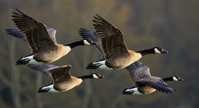"Autumnal Migration in Flight: Canadian Geese Soaring Through the Golden Skies of Seasonal Transition"
