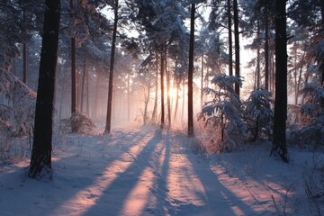 A sunlit path through a snow-covered pine forest at sunrise, casting long shadows on the pristine winter landscape.  The soft light filters through the trees, creating a magical atmosphere