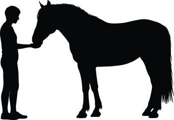 Young person feeding a horse, animal care, horse lover, equestrian lifestyle, peaceful interaction, human and animal bond, outdoor nature, calm moment