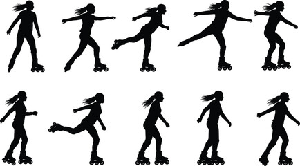 Girl roller skating silhouette, inline skates, skating poses, female athlete, fitness activity, exercise, skating motion, sporty girl, outdoor skating, active lifestyle
