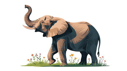 Elephant with Raised Trunk Vector on White