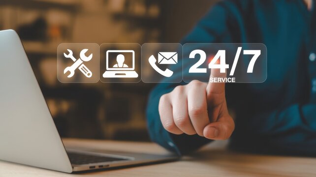 24/7 Service: A person's hand interact with virtual icon to promote continuous service