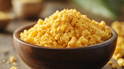 A wooden bowl is filled with a mound of golden, cheesy pasta. The dish is rustic and comforting.