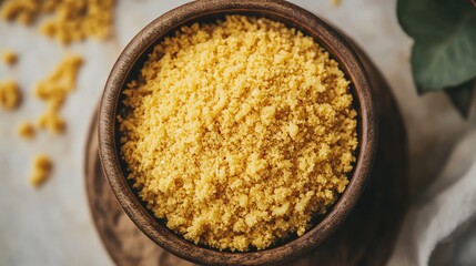 A wooden bowl filled with couscous, creating a warm and inviting food image. The texture is appealing, and the color is vibrant.