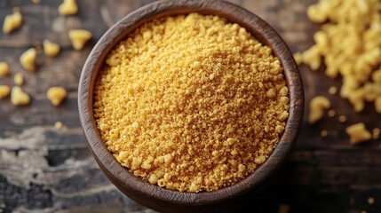 A wooden bowl filled with yellow, granular food. The texture is rustic and natural, perfect for culinary or ingredient-themed visuals.
