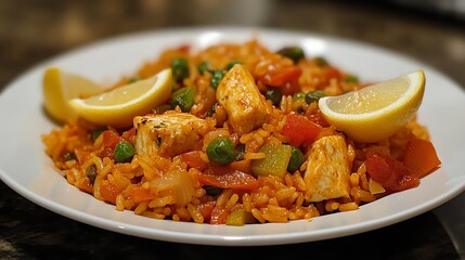 Savory rice dish with vegetables, tender chicken, and lemon wedges. A vibrant and flavorful meal on a white plate.