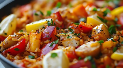 Delicious paella with rice, vegetables, and lemon. A vibrant and flavorful dish. Perfect for a healthy and satisfying meal.