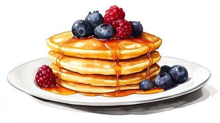 A stack of golden pancakes drizzled with syrup, topped with fresh blueberries and raspberries on a white plate.
