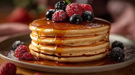 A stack of fluffy pancakes drizzled with syrup and topped with fresh berries. A delicious breakfast or brunch treat.
