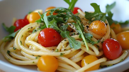 A vibrant pasta dish with red and yellow cherry tomatoes, topped with fresh arugula and seasoning. A delicious and colorful meal.