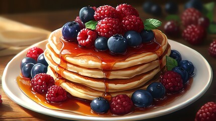 stack of pancakes with syrup and berries
