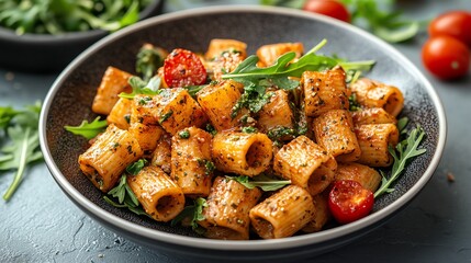A vibrant pasta dish with rigatoni, fresh greens, and juicy tomatoes, perfect for a healthy and delicious meal.