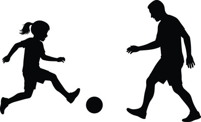 father and daughter, playing soccer, soccer silhouette, football family, dad and child, sports bonding, kids play, silhouette football, child kicking ball, outdoor play, family game