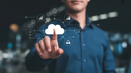 Digital Cloud Connection: A focused individual, in a professional setting, engages with a digital cloud interface, symbolizing the dynamic realm of cloud computing, data storage, and tech innovation.