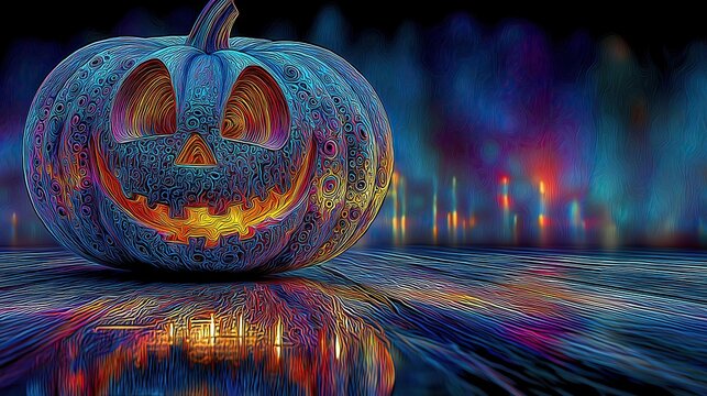 Colorful Halloween pumpkin glowing in front of a vibrant blurred background with ample copy space for festive messages or designs