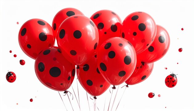 Cluster of red balloons with black polka dots designed as ladybugs, floating with black strings against a white background