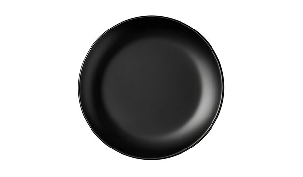 Top-down view of a dark, round plate.  Smooth, glossy surface