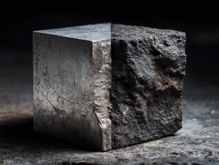 A cube bisected, one half smooth metal, the other half rough, dark stone; rests on a dark surface