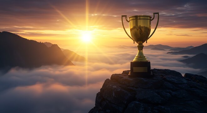 A golden trophy cup rests on a mountain top, framed by a colorful sunset backdrop