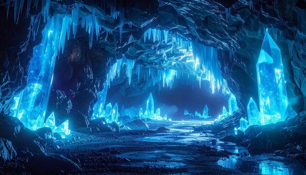 Blue crystal cave with glowing formations - Powered by Adobe