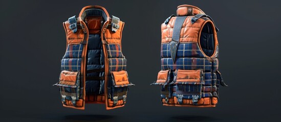 A digitally rendered orange and blue quilted vest with multiple pockets and a plaid pattern is showcased from two angles against a dark gray backdrop