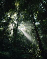 Fototapeta premium Sunbeams pierce a dense, verdant forest canopy, illuminating the misty undergrowth in a dramatic, low-angle shot