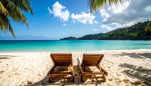 Tropical beach scene with two sun loungers - Powered by Adobe