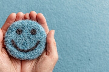 Hands holding blue smiley face, symbolizing satisfaction, positive mental health, child wellness, and feedback on blue background.