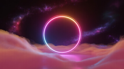 Neon Glowing Circle with Purple Clouds Cosmic Art