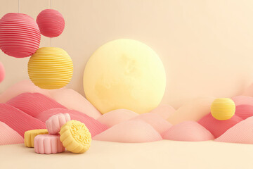 Pastel lantern mooncake full moon pink wave yellow sphere paper art abstract landscape festive celebration soft light joyful mood. Pastel lanterns and mooncakes with full moon pink and yellow