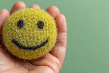 Happy smiley face held in hands, symbolizing positive reviews, mental wellness, and child health on green background