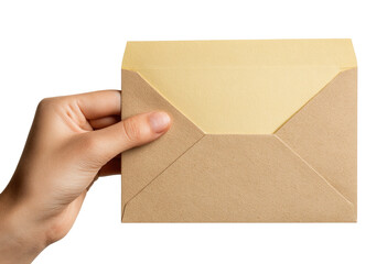 Fototapeta premium A hand holds a light brown envelope with a pale yellow liner