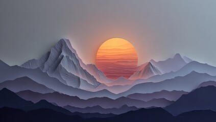 Paper-cut mountains sunset landscape art print