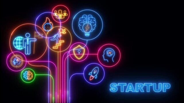 show neon line banner of startup concept with icons of startup, innovation, funding, business plan, prototype, investment, launch and pitch black background 4k video.