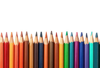 A horizontal row of colored pencils, various hues, against a black background.  Sharp points aligned, tightly grouped