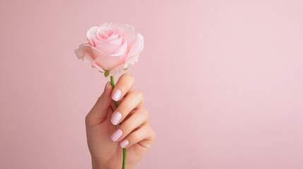 Woman&rsquo;s manicured hand holding a soft pink rose against pastel pink background, symbolizing love, beauty and minimal elegance.