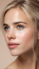 Naklejka premium Close up portrait of a young blonde woman with natural beauty and blue eyes