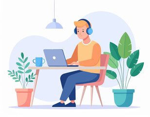 Flat vector illustration of a freelancer working from home with laptop, headphones, and coffee mug, clean minimal style, perfect for technology, remote work, and productivity themes