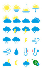 Weather icons set of sun, clouds, rain, snow, wind, temperature, leaf
